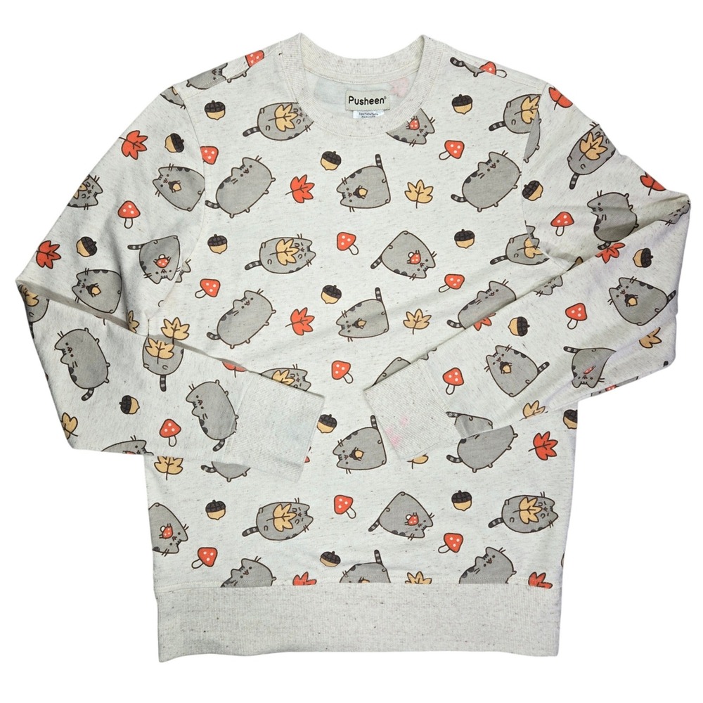 Pusheen Womens XS Sweatshirt Gray Autumn Fall Mushroom Acorn All Over Print‎